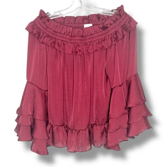 MISA Los Angeles Saskayi Off Shoulder Long Sleeve Tiered Ruffle Burgundy Blouse - Picture 1 of 11